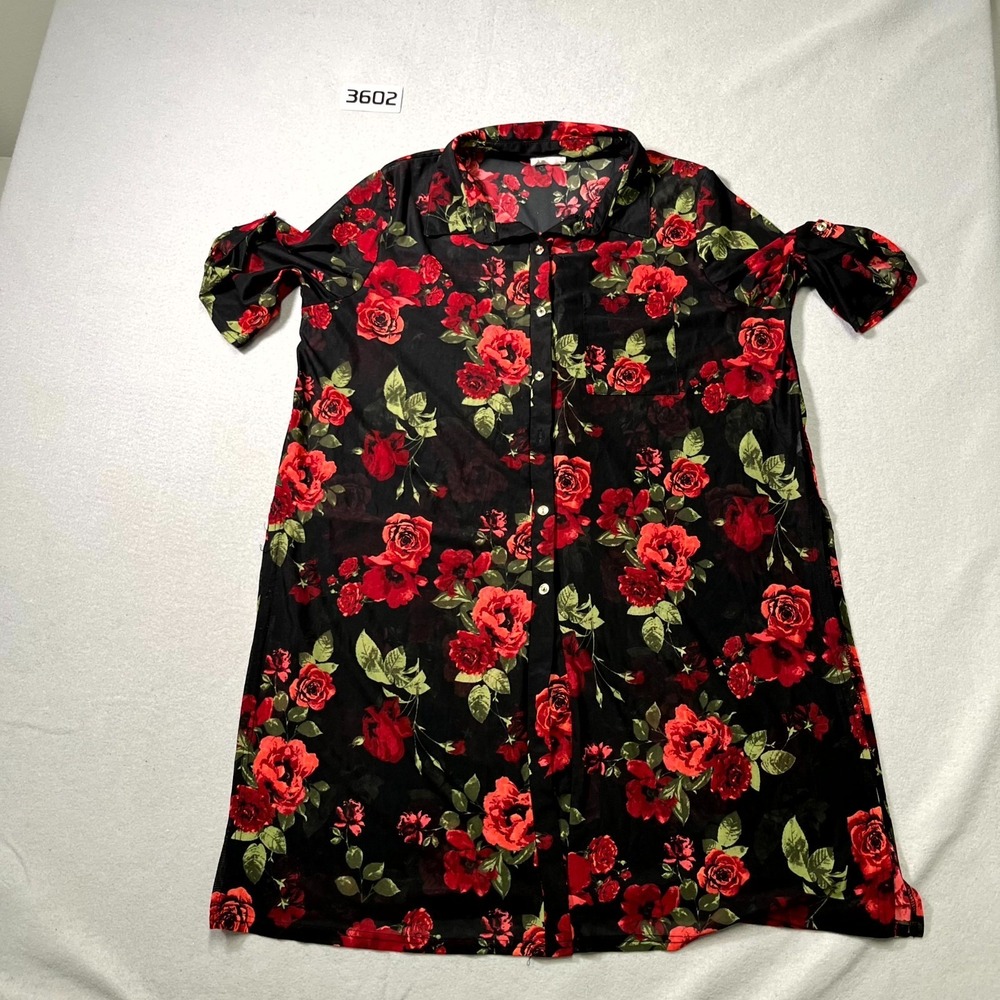 Ivy Rose Shirt‎ Dress Womens 1X Black Floral Pleated Side Slit Button Front